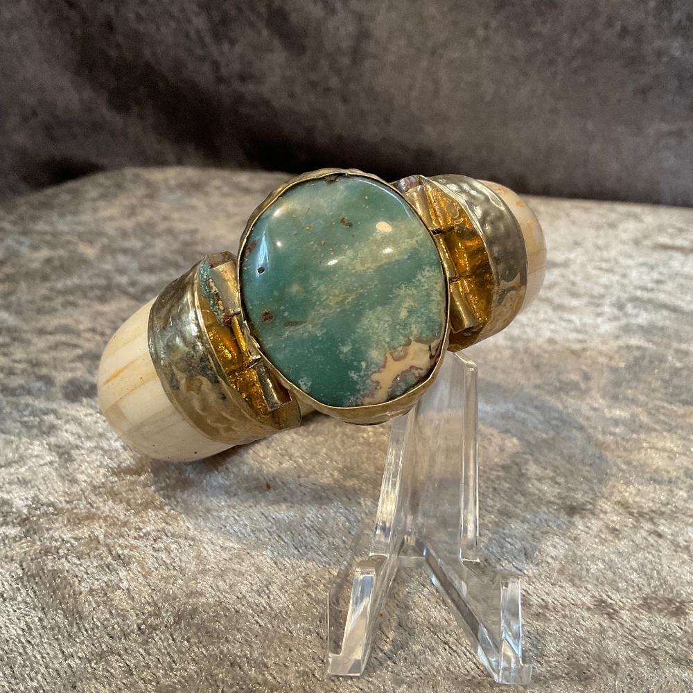 Vintage Bone and Blue Stone Hinged Bangle Bracelet from India